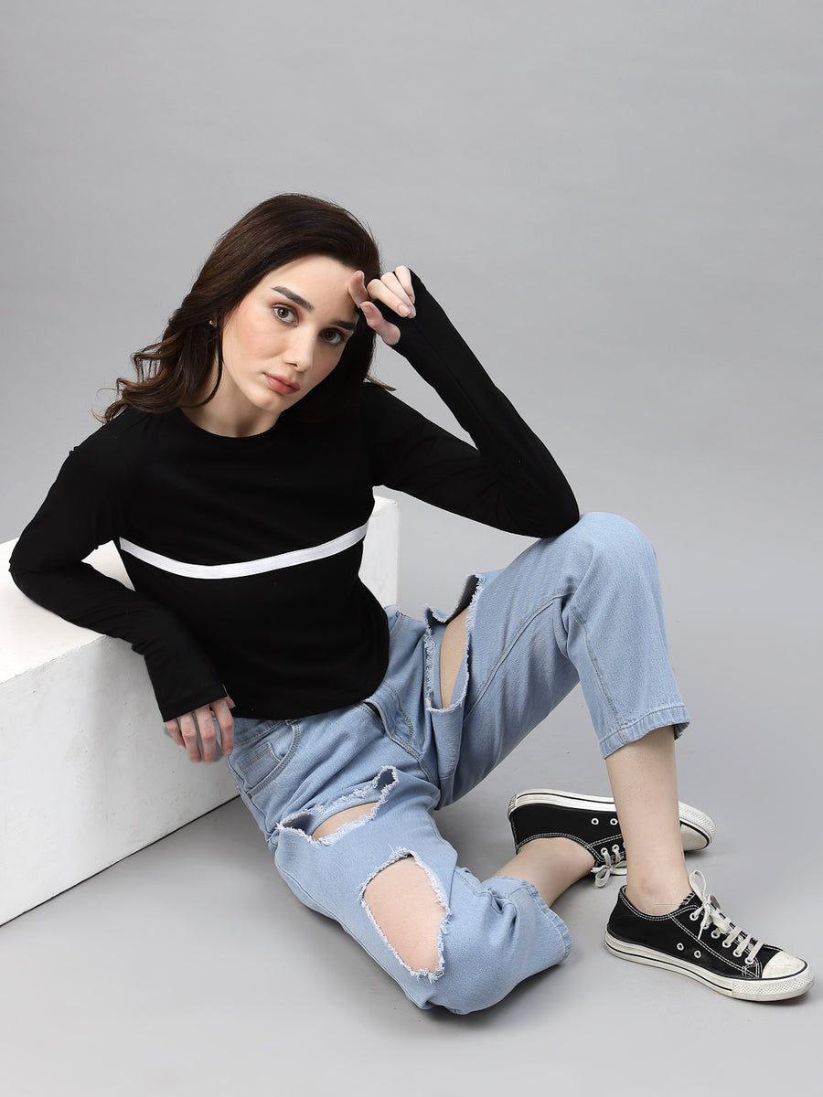 Black With Contrast Detail Round Neck Thumbhole Crop Top – rigoindia