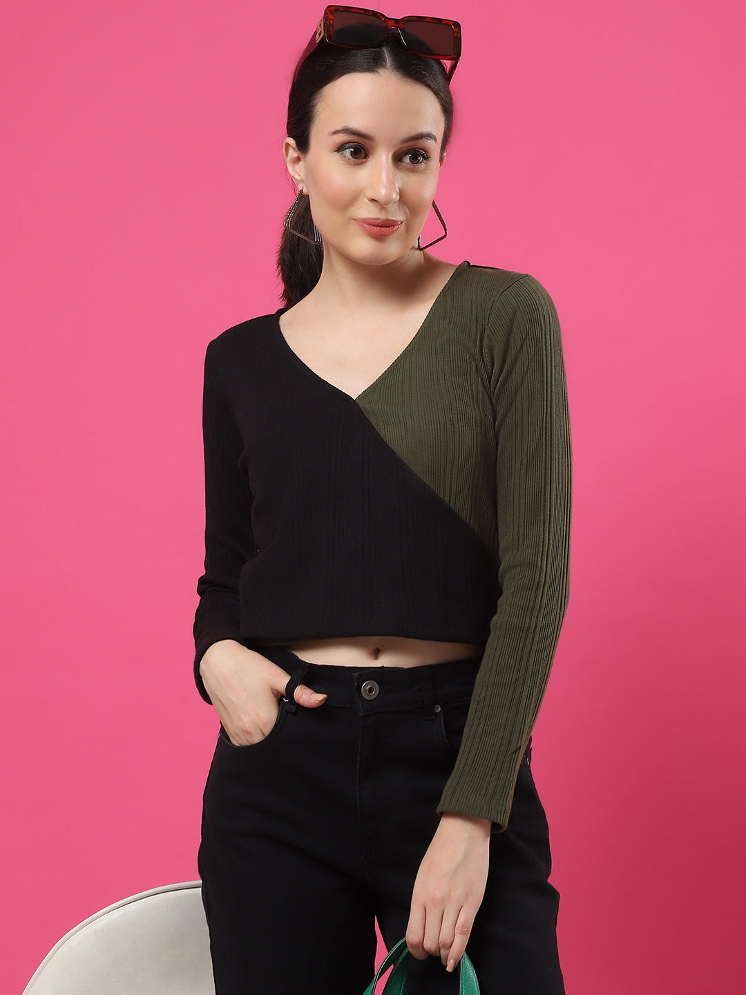 V-Neck Colorblock Full Sleeve Crop Top for Women