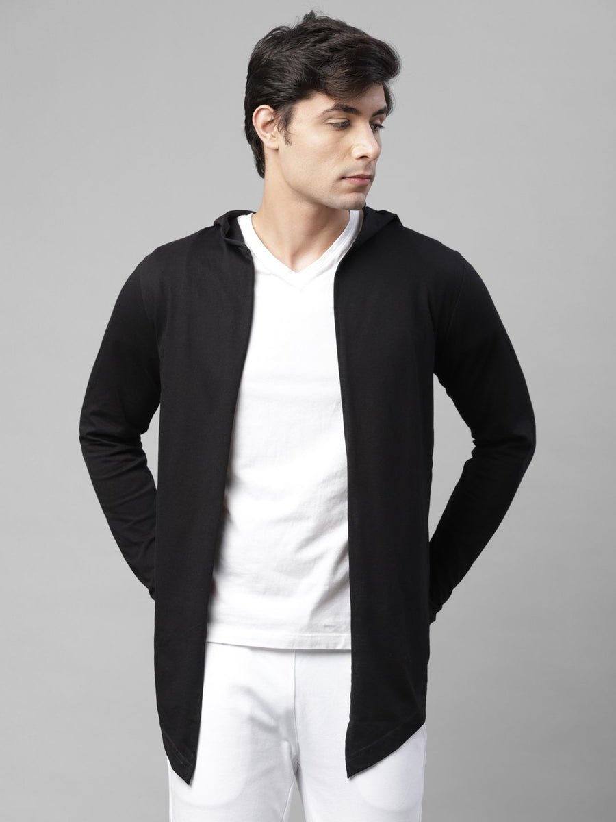 Black Hooded Thumbhole Cotton Open Long Cardigan – rigoindia