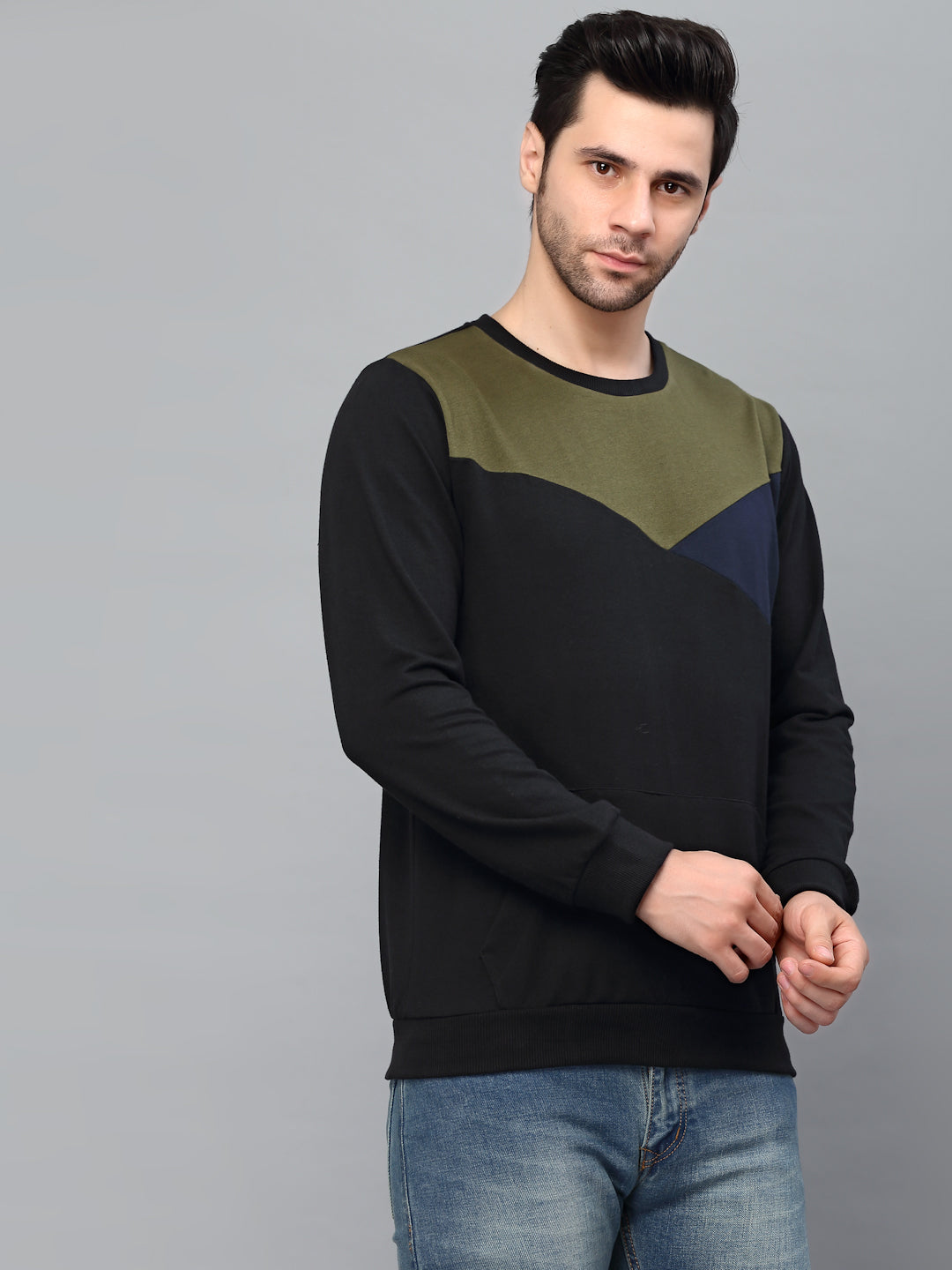 Black Cut And Sew Round Neck Terry Sweatshirt - Main Image