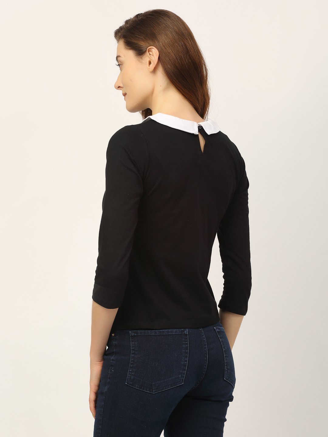 Black Peter Pan Collar Solid Half Sleeves Crop Top